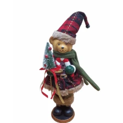 Decorazione Natalizia Orsetto In Legno Con Vestito Scozzese H 34 Cm