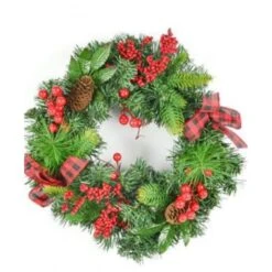 Ghirlanda Natalizia Tonda Con Bacche Rosse Fiocco Scozzese Rosso Ø 40cm