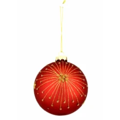 Pallina Di Natale Vetro Rosso Decoro Oro Paillettes Ø 10 Cm